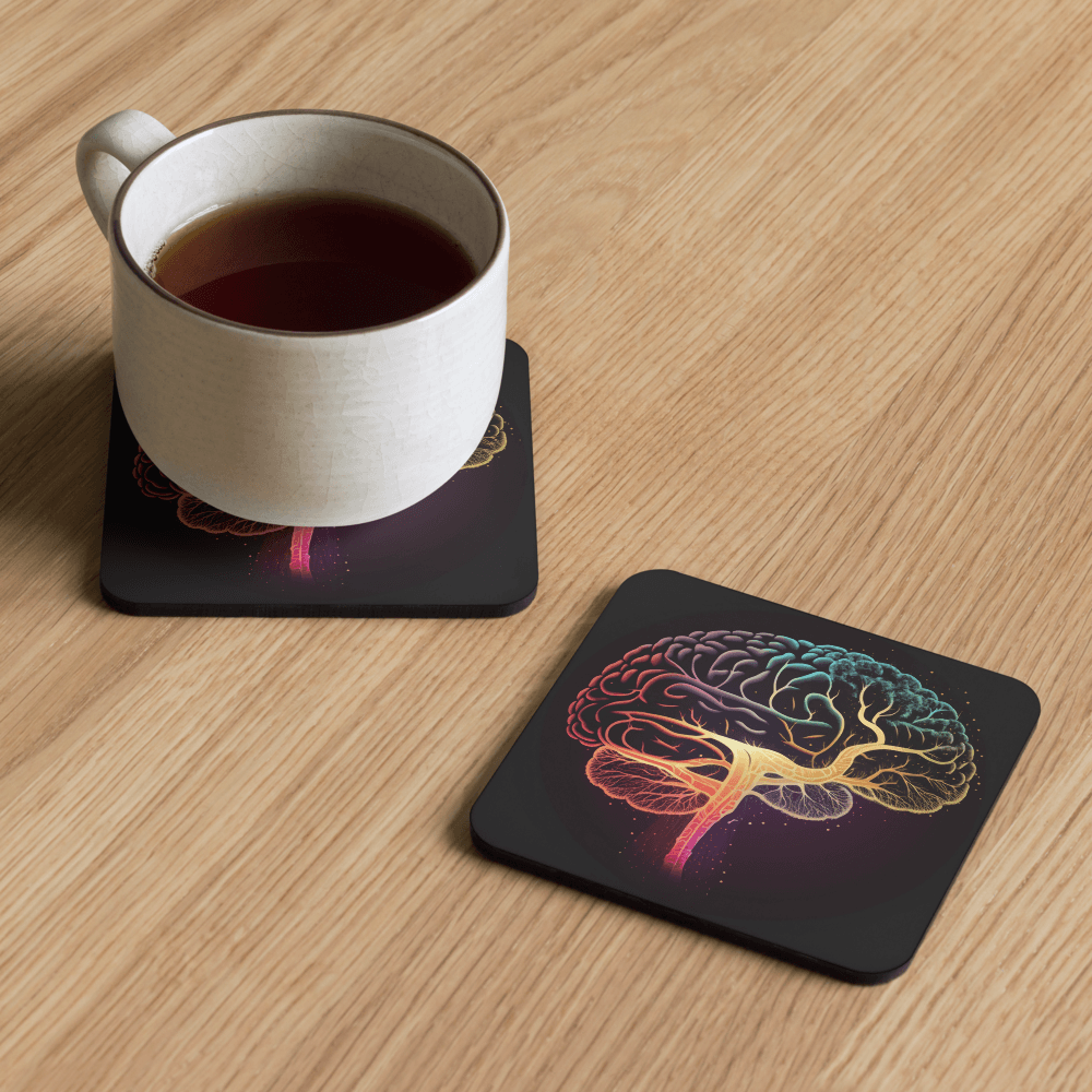 Brainstorm - Cork-back coaster - Vibrant Colourful Brain Design__BioBrainBuddies_