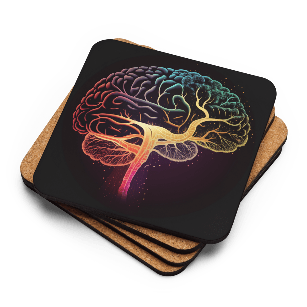 Brainstorm - Cork-back coaster - Vibrant Colourful Brain Design__BioBrainBuddies_