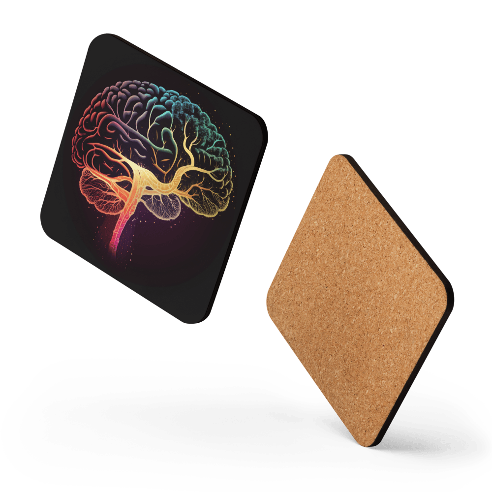 Brainstorm - Cork-back coaster - Vibrant Colourful Brain Design__BioBrainBuddies_