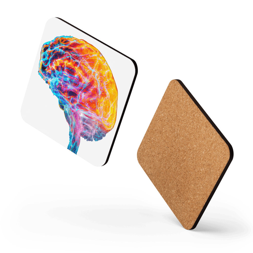Brainstorm - Cork-back coaster - Vibrant Colourful Brain Design__BioBrainBuddies_