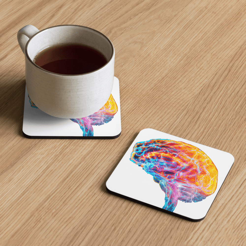 Brainstorm - Cork-back coaster - Vibrant Colourful Brain Design__BioBrainBuddies_