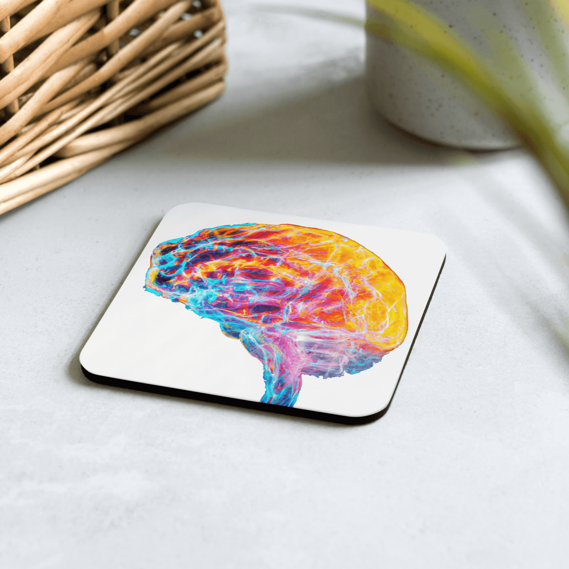 Brainstorm - Cork-back coaster - Vibrant Colourful Brain Design__BioBrainBuddies_