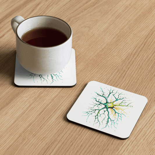 Neural Emerald - Cork-back coaster - Neuron Watercolour Style Print Art__BioBrainBuddies_